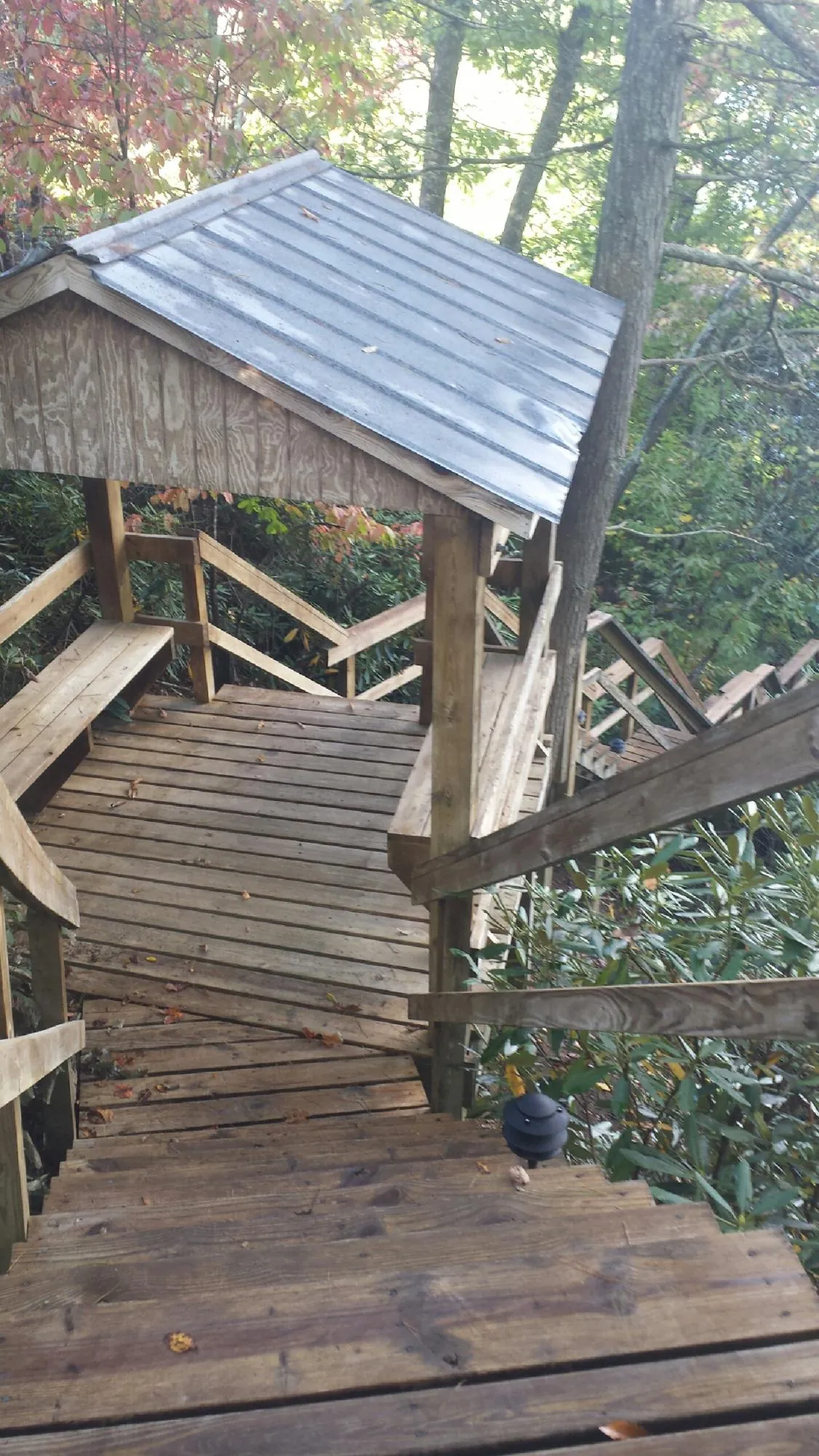 Metal roofed shelter over wooden steps on a wooded walkway — Skylight Repair & Installation work by our crew in Detroit
